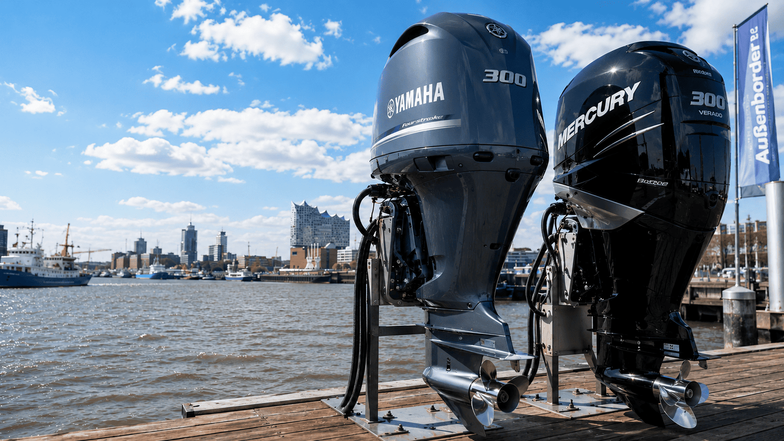 Premium Außenborder am Hamburger Hafen — Yamaha und Mercury Bootsmotoren bei Außenborder DE GmbH